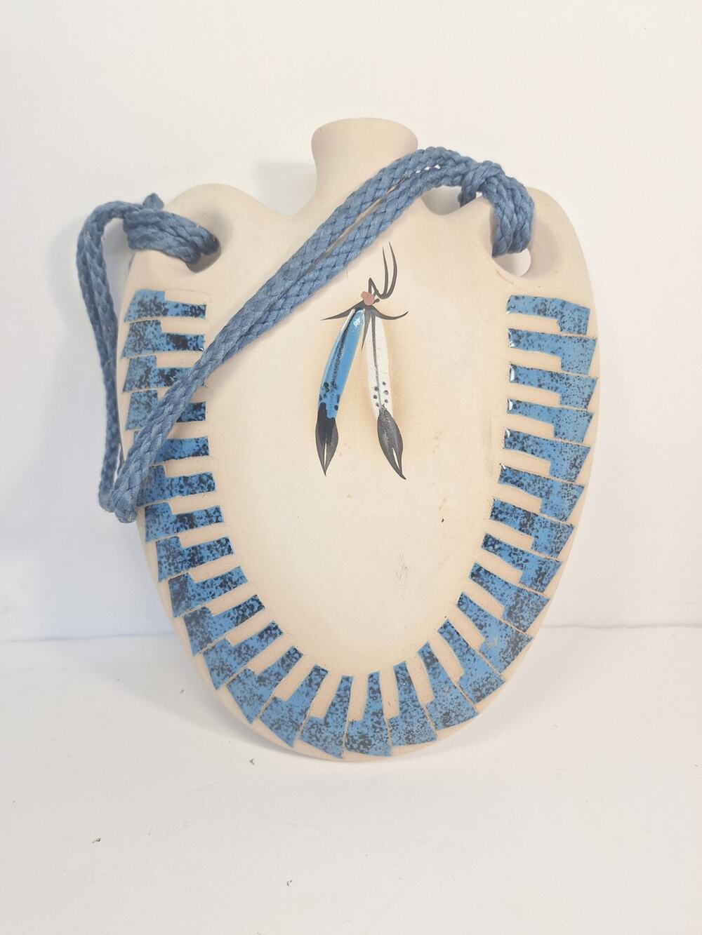 Vintage Navajo Pottery Canteen Signed Marilyn Wiley. Feathers and Turquoise.